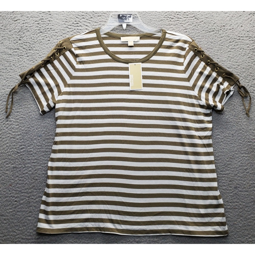 Michael Kors Top Womens XL Multi Striped Short Sleeve Lace Up Grommet Sleeve
